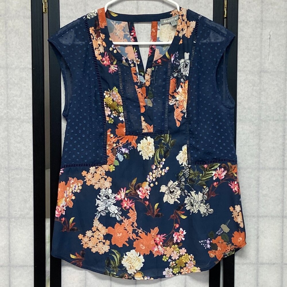 Daniel Rainn V Neck Sheer Keyhole Back Dot & Floral Top Navy Orange S Sleeveless